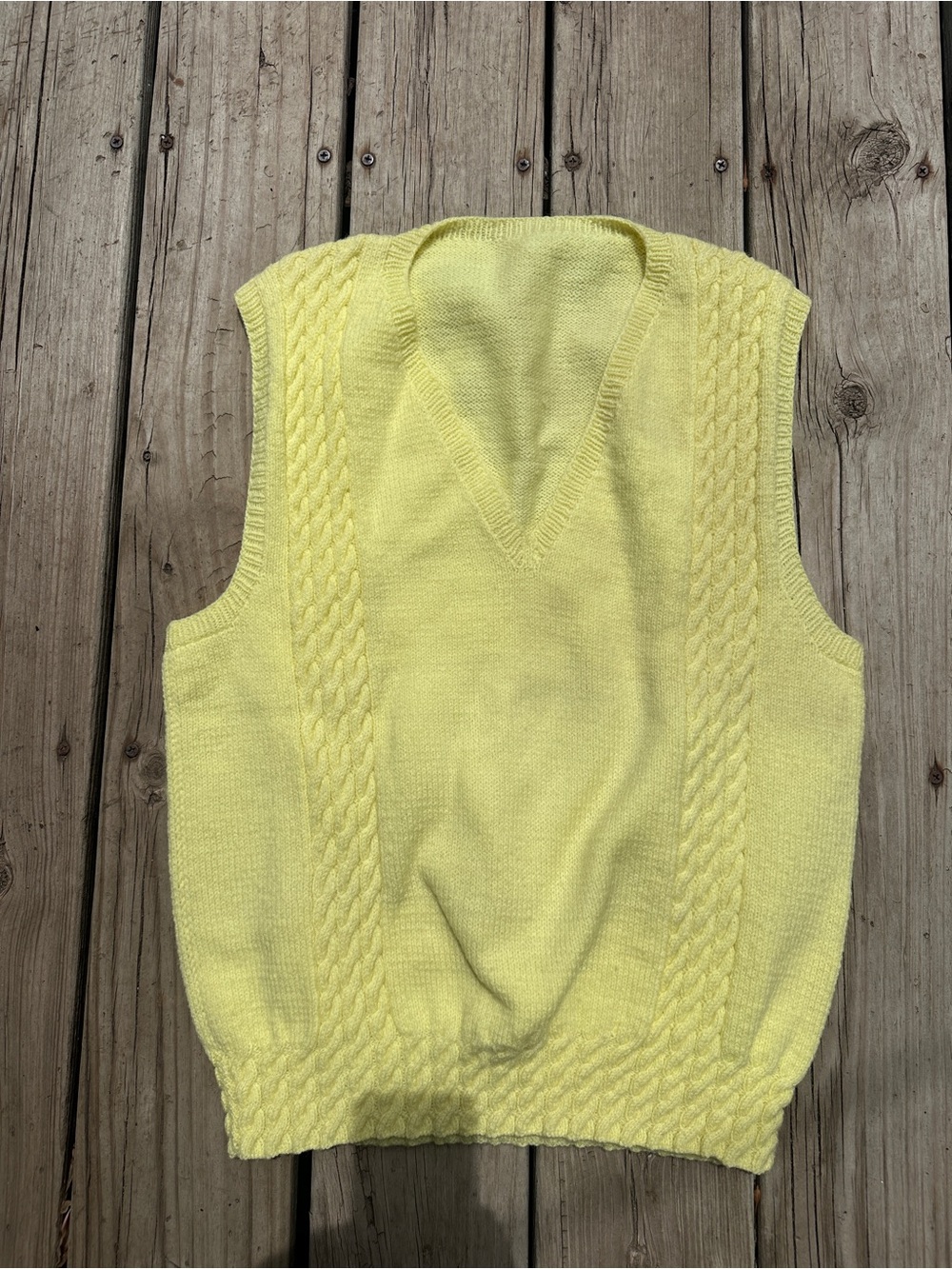 Vintage Handmade Butter Yellow Cableknit V-Neck Vest, OS